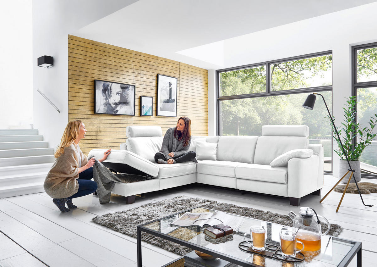 ECKSOFA in Echtleder Weiß  235/259 cm  - Eichefarben/Weiß, Design, Leder/Holz (235/259cm) - Valdera