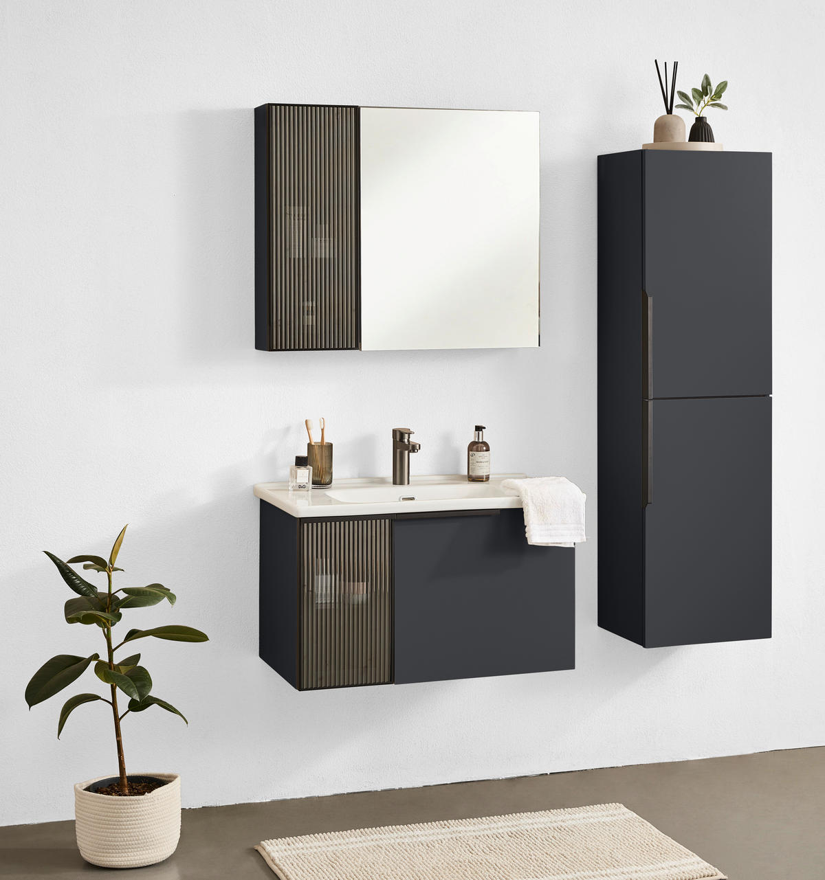 BADEZIMMER 3-teilig  in  - Weiß Hochglanz/Anthrazit, MODERN, Glas/Keramik (80/114/45cm) - MID.YOU