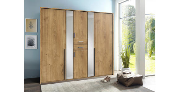 KLEIDERSCHRANK 225/208/58 cm 6-türig Plankeneiche - Plankeneiche/Alufarben, KONVENTIONELL, Glas/Holzwerkstoff (225/208/58cm) - Carryhome