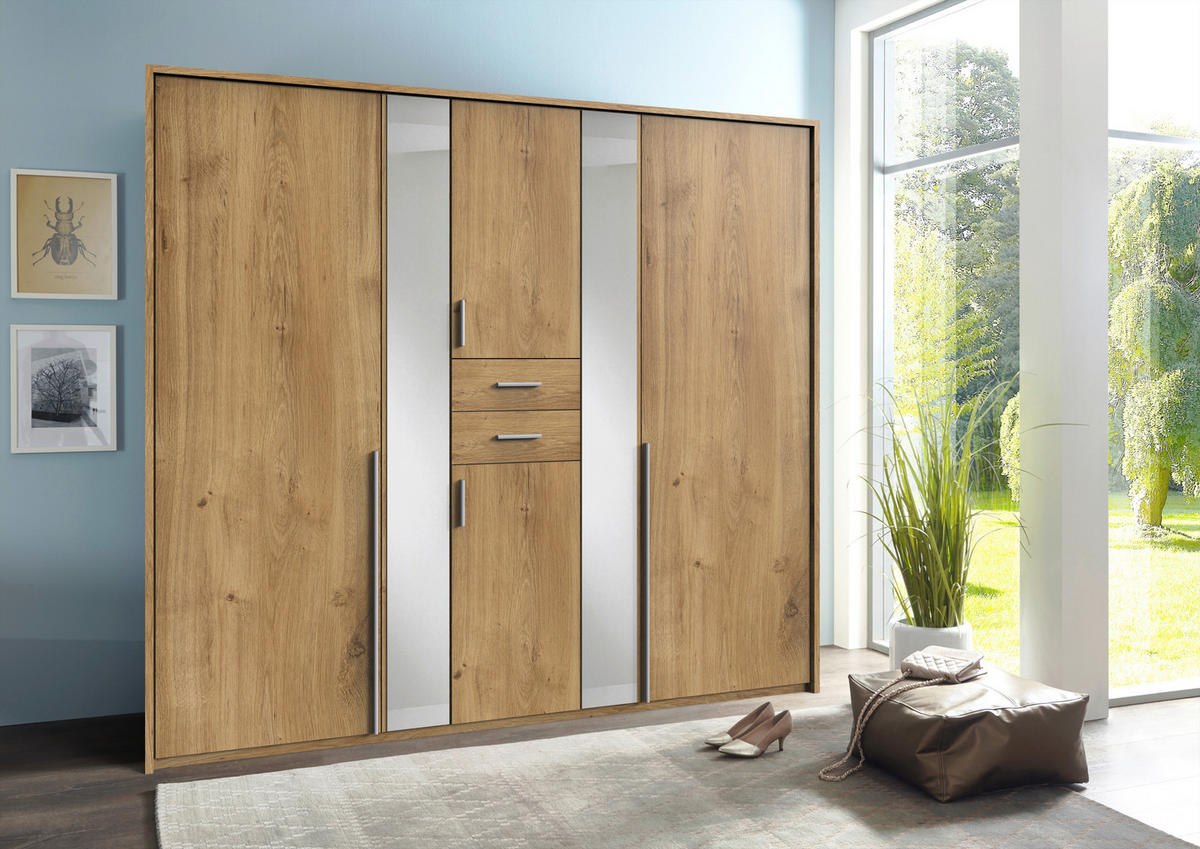 KLEIDERSCHRANK in Plankeneiche  - Plankeneiche/Alufarben, Konventionell, Glas/Holzwerkstoff (225/208/58cm) - Carryhome