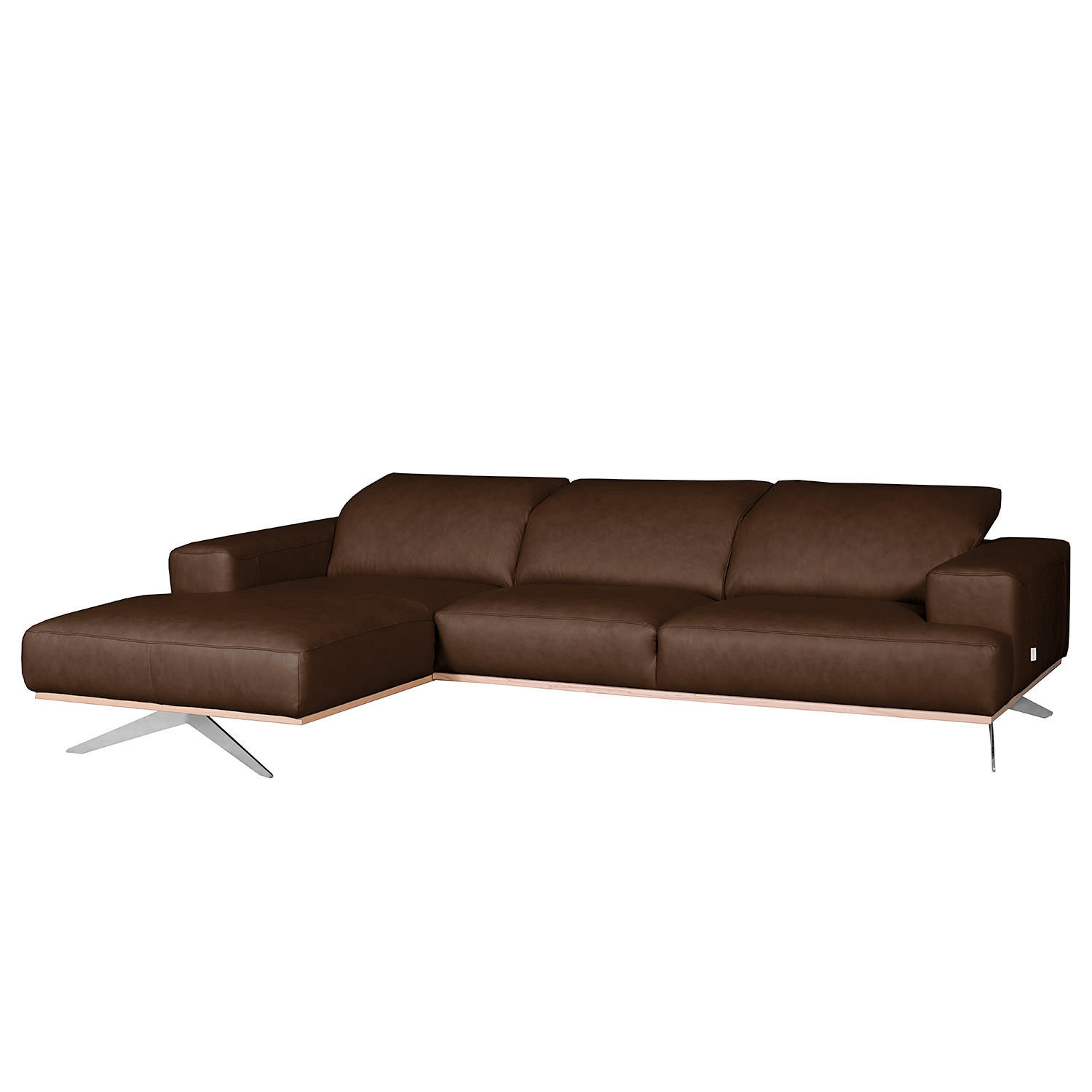 ECKSOFA Dunkelbraun Echtleder Rücken echt, Kopfteilverstellung  - Chromfarben/Dunkelbraun, Design, Leder/Metall (187/295cm) - Livetastic