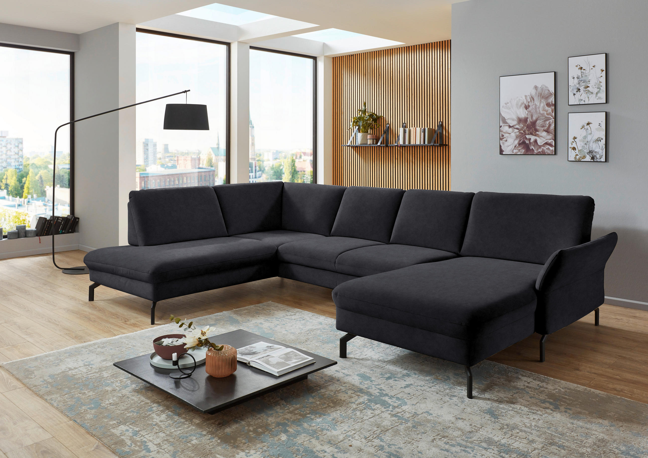 WOHNLANDSCHAFT in Velours Anthrazit  - Anthrazit/Schwarz, Design, Textil/Metall (220/335/179cm) - Beldomo System