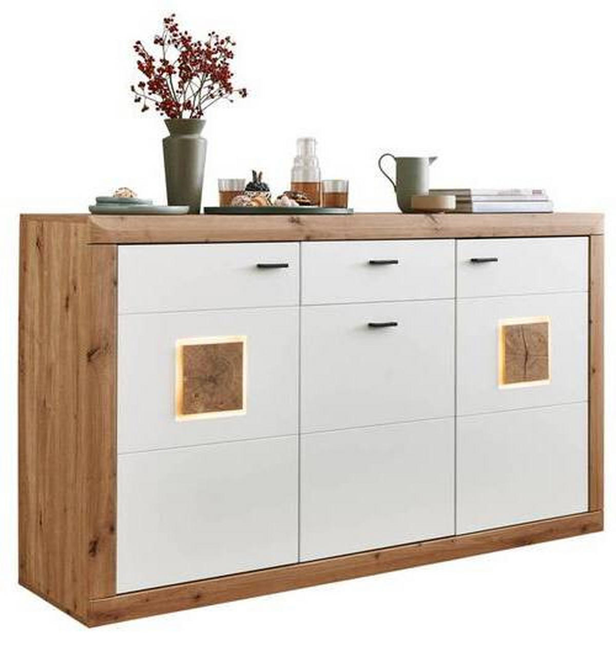 SIDEBOARD Weiß, Eiche Artisan Beleuchtung, Einlegeböden von STYLIFE