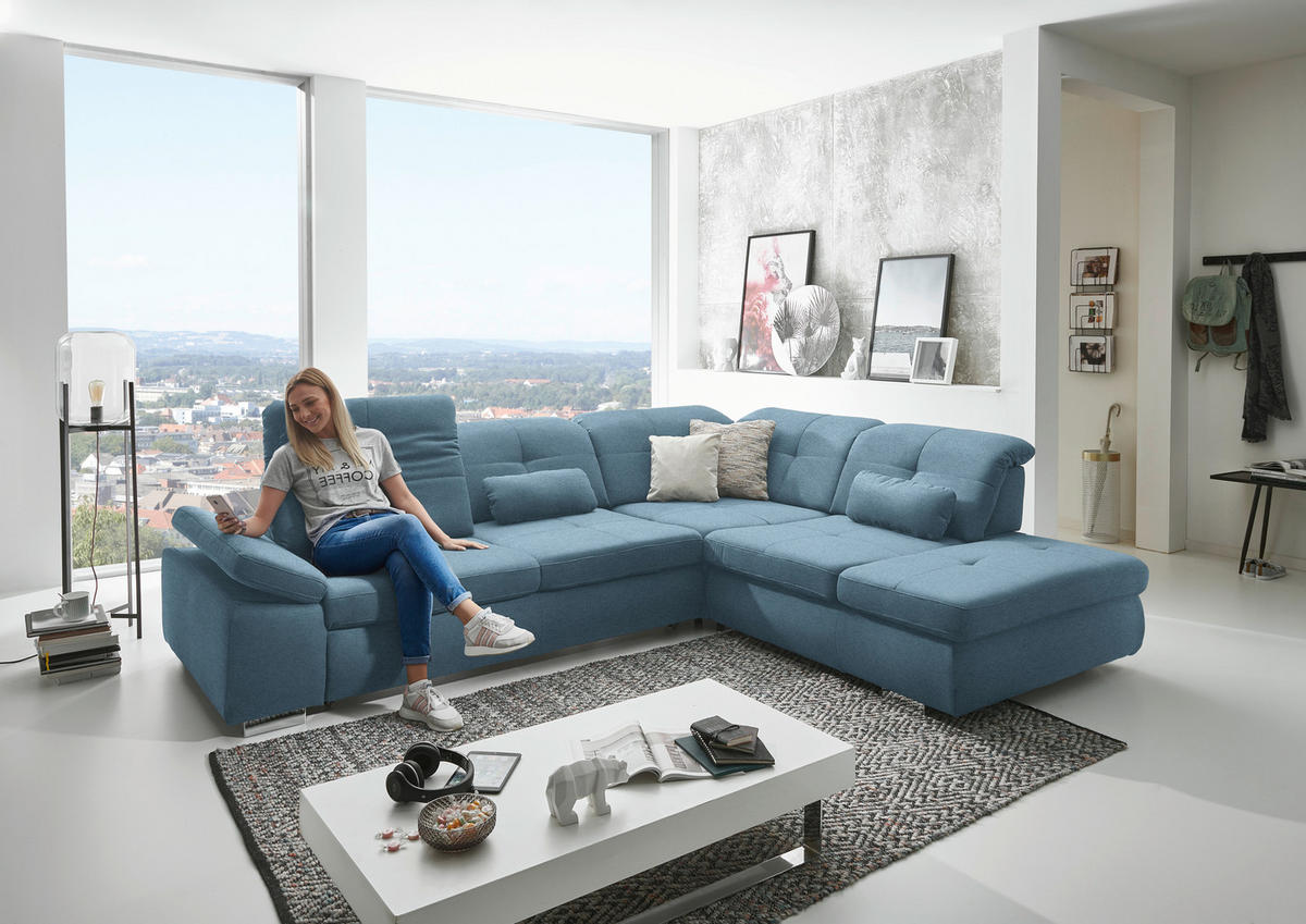 ECKSOFA Mikrofaser Hellblau  - Chromfarben/Hellblau, Design, Textil/Metall (312/260cm) - Beldomo Style