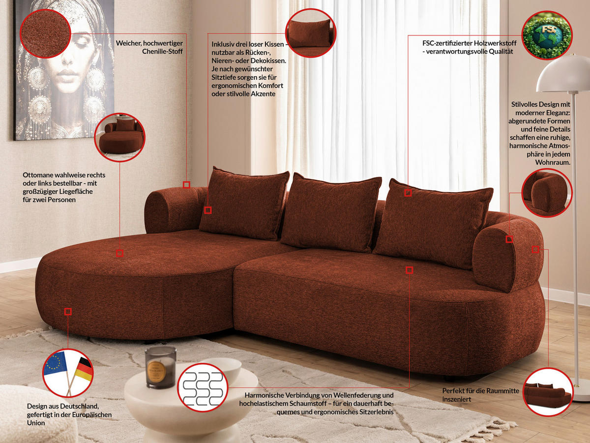 ECKSOFA FERRO Rostfarben Chenille  - Rostfarben/Schwarz, Design, Kunststoff/Textil (156/256cm) - Livetastic