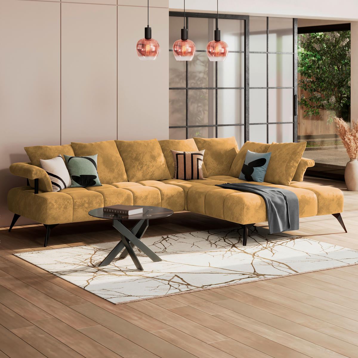 ECKSOFA VANESSA Goldfarben Flachgewebe  - Goldfarben/Schwarz, MODERN, Kunststoff/Textil (297/200cm) - Livetastic