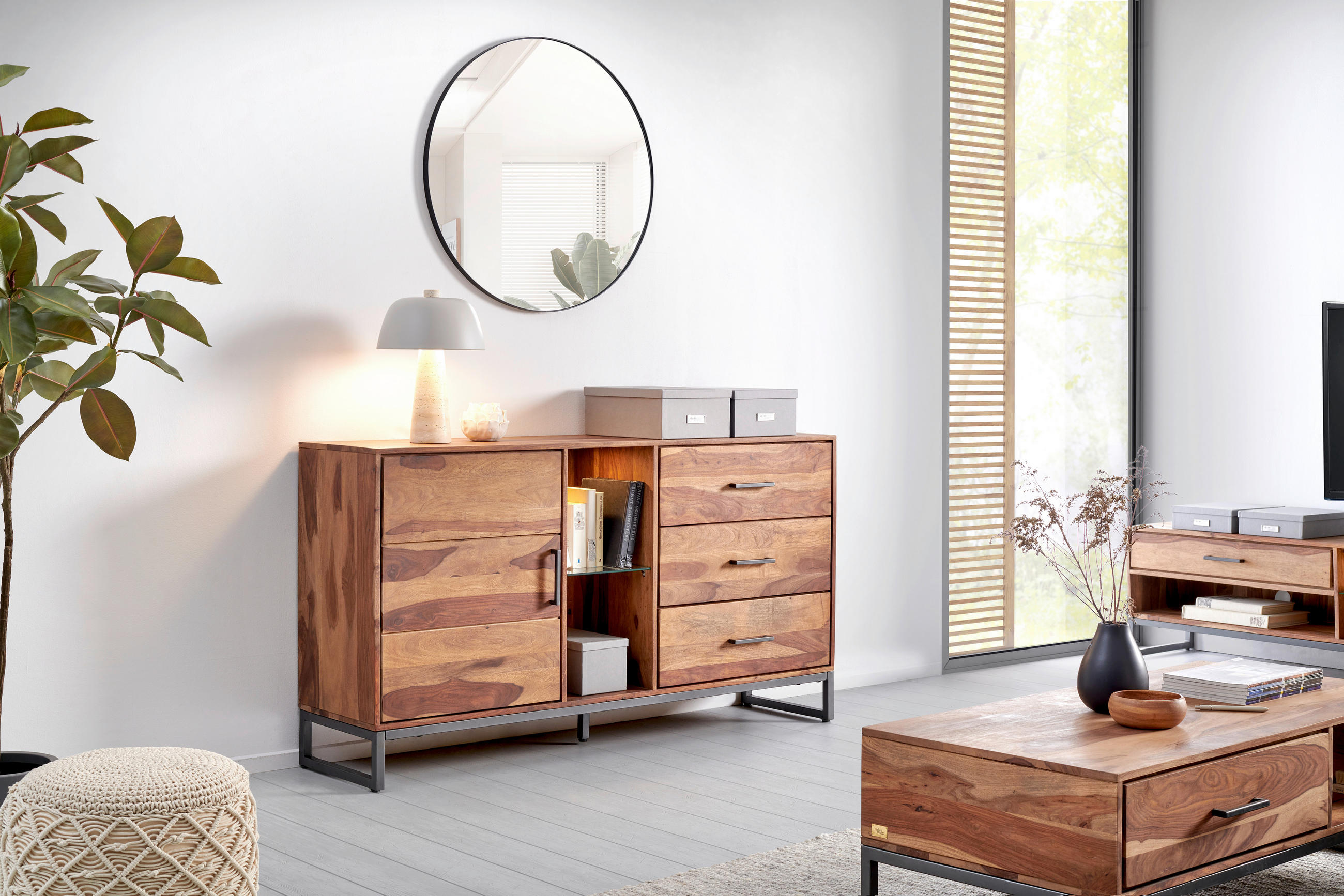 MID.YOU ŠIROKÁ KOMODA, sheesham, antracitová, přírodní barvy, 160/87/90 cm