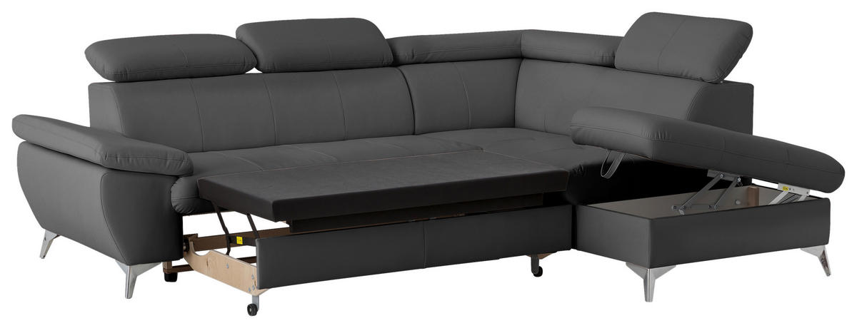 ECKSOFA Grau Lederlook  - Chromfarben/Grau, KONVENTIONELL, Textil/Metall (256/209cm) - Livetastic
