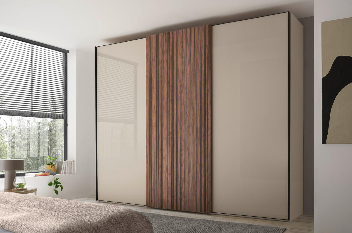 SCHWEBETÜRENSCHRANK  in Sandfarben, Eiche dunkel  - Sandfarben/Eiche dunkel, Design, Glas/Holzwerkstoff (298/240/68cm) - Dieter Knoll