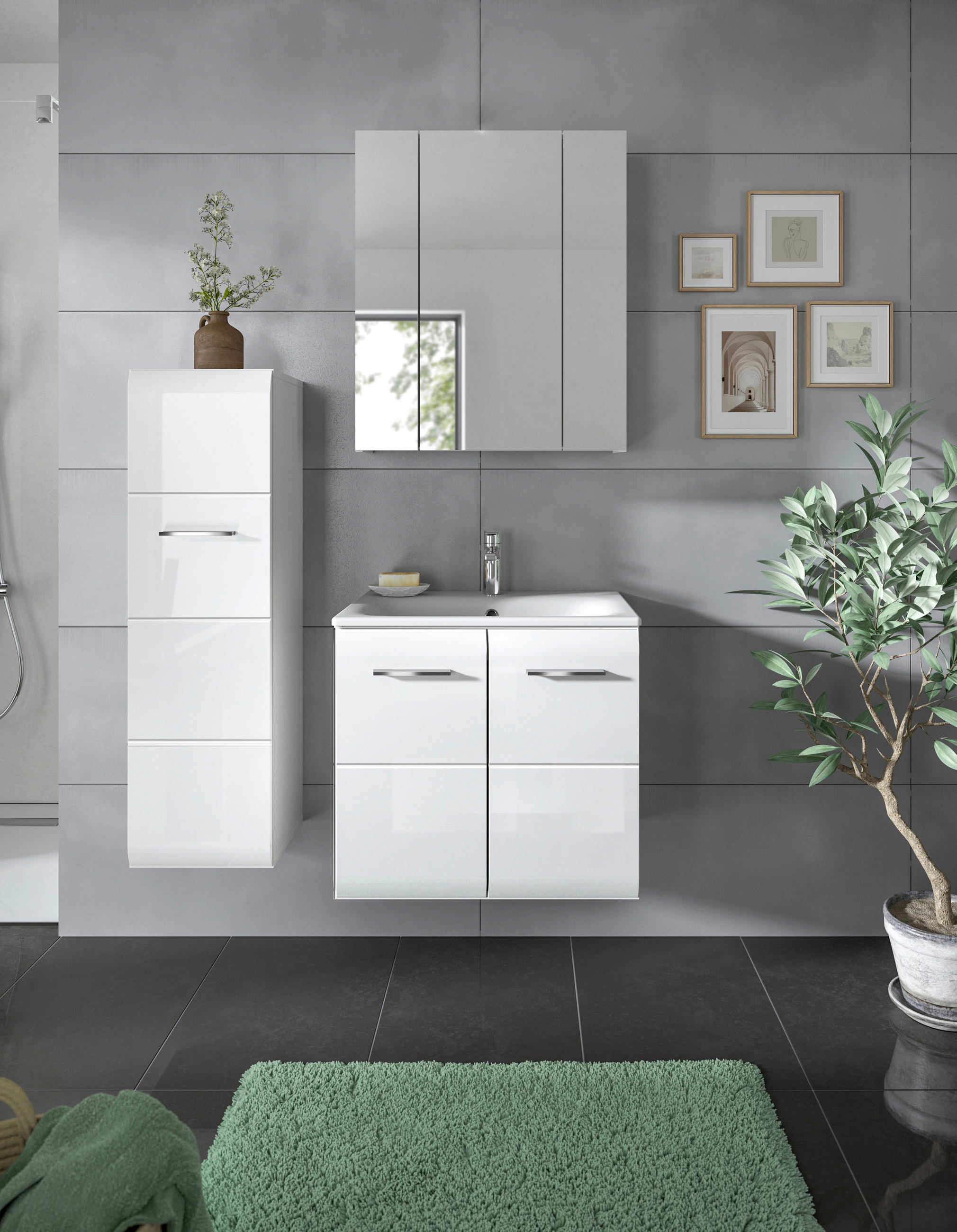 BADEZIMMER 4-teilig 90 cm  - Weiss Hochglanz/Weiss, Modern, Keramik/Holzwerkstoff (90cm) - MID.YOU