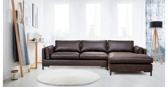 ECKSOFA in Lederlook Dunkelbraun  - Dunkelbraun/Schwarz, Design, Textil/Metall (295/160cm) - Hom`in