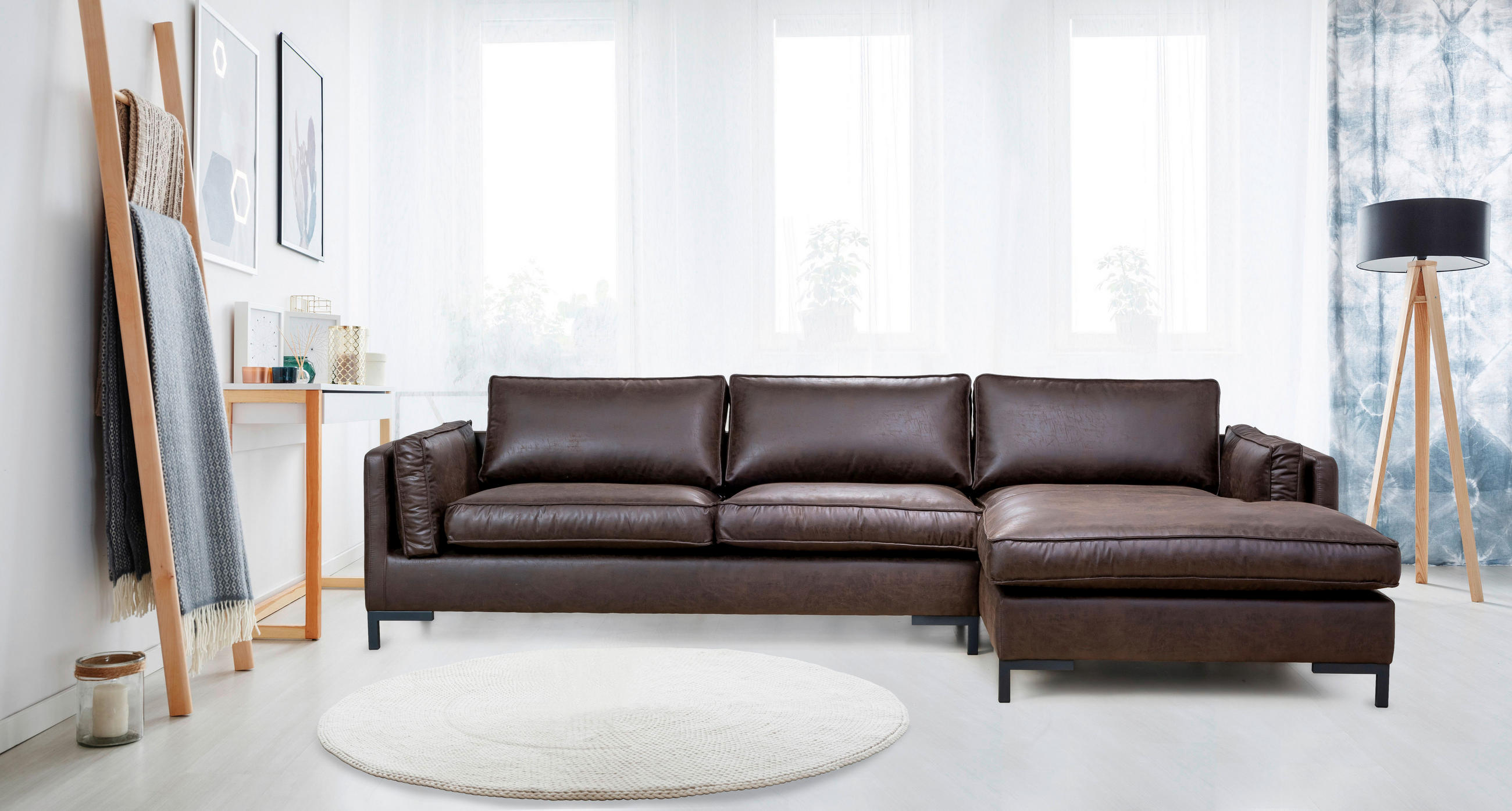 ECKSOFA Braun Lederlook  - Schwarz/Braun, Design, Textil/Metall (295/160cm) - Livetastic