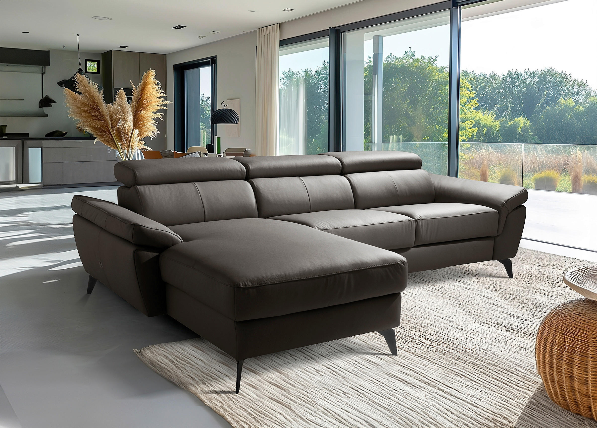 ECKSOFA Lederlook Echtleder Dunkelbraun  - Dunkelbraun/Schwarz, Design, Leder/Textil (179/252cm) - Livetastic
