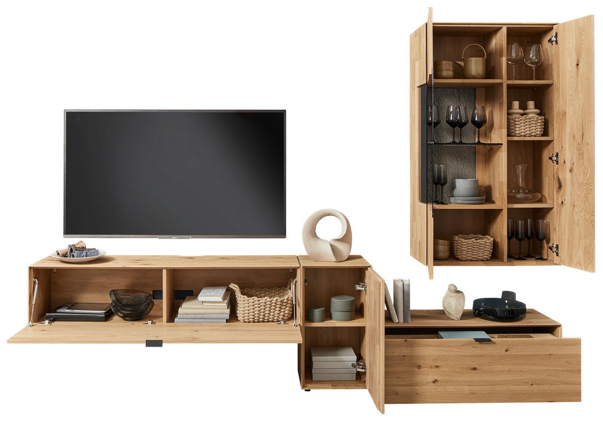 WOHNWAND  in Wildeiche 298,2/206,6/37,1 cm  - Wildeiche/Schwarz, Natur, Glas/Holz (298,2/206,6/37,1cm) - Valnatura