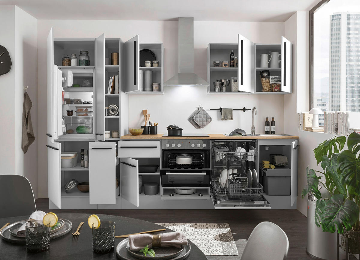 KÜCHENBLOCK 310 cm   in Weiß, Eichefarben  - Eichefarben/Schwarz, Design, Holzwerkstoff/Kunststoff (310cm) - MID.YOU