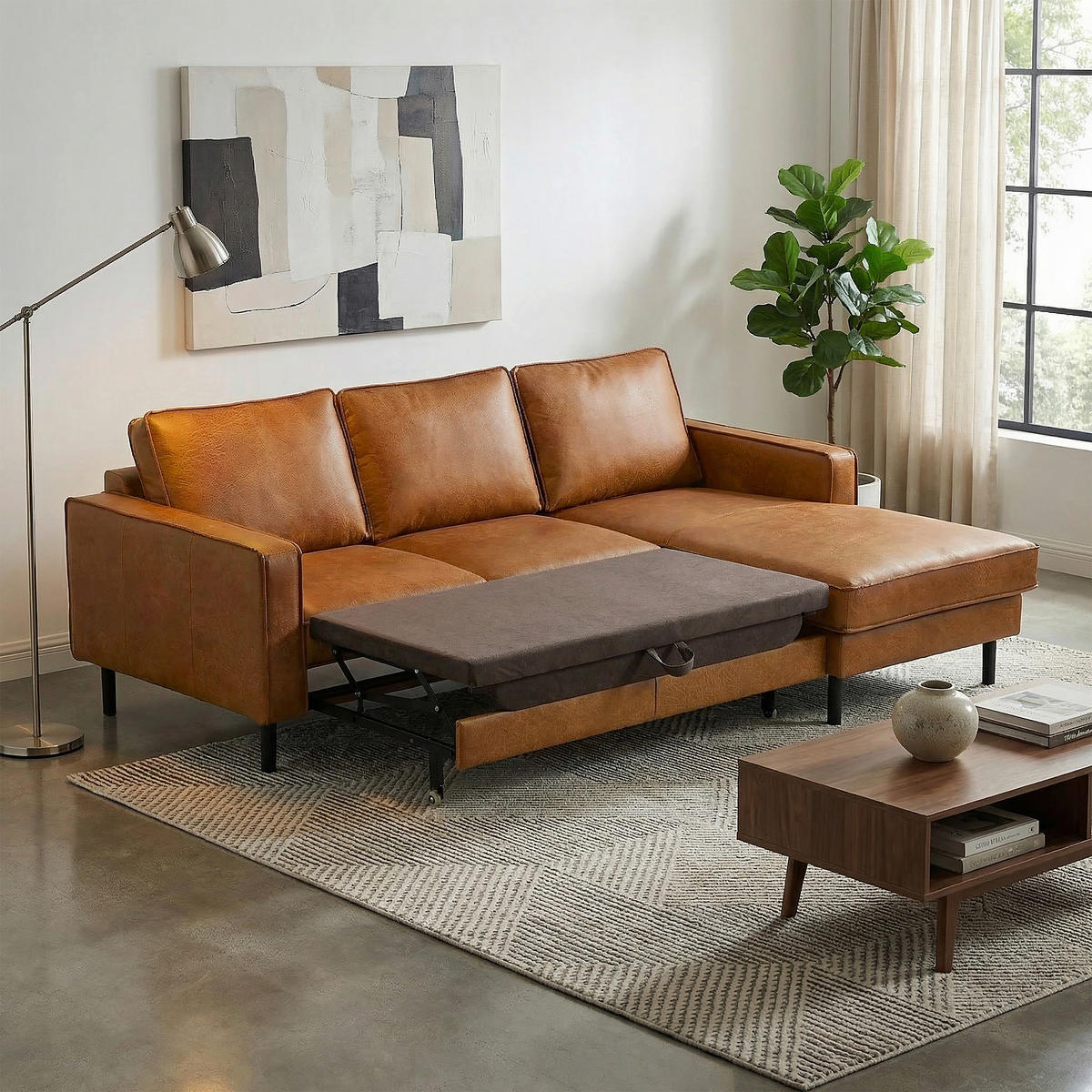 ECKSOFA  in Echtleder Cognac  - Cognac/Schwarz, Design, Leder/Metall (166/238cm) - Livetastic