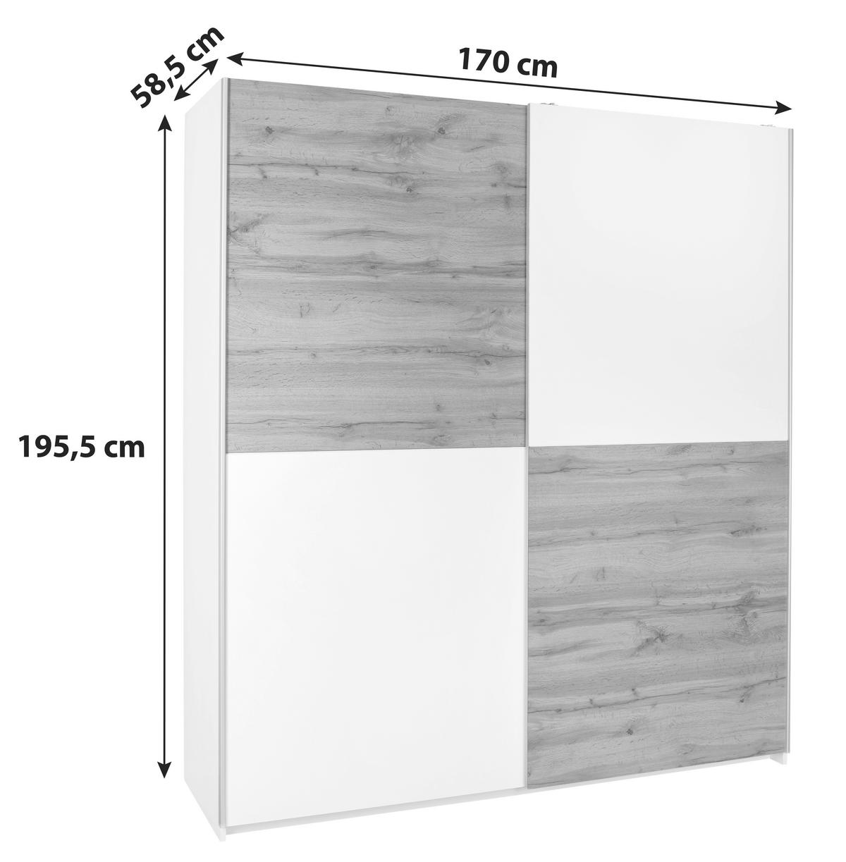 SCHWEBETÜRENSCHRANK 170/195,5/58,5 cm 2-türig Weiß, Eichefarben  - Eichefarben/Alufarben, KONVENTIONELL, Holzwerkstoff/Metall (170/195,5/58,5cm) - P & B