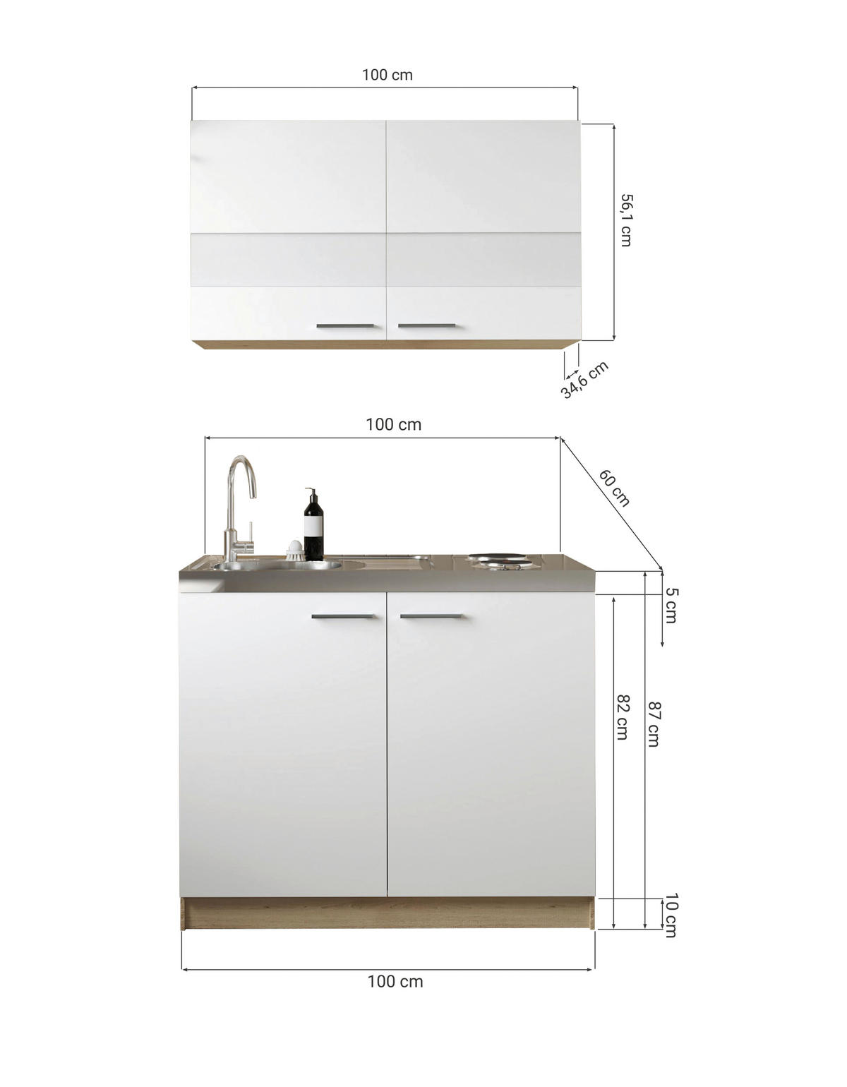 MINIKÜCHE 100 cm   in Grau, Eichefarben  - Eichefarben/Silberfarben, Basics, Glas/Holzwerkstoff (100cm) - Respekta