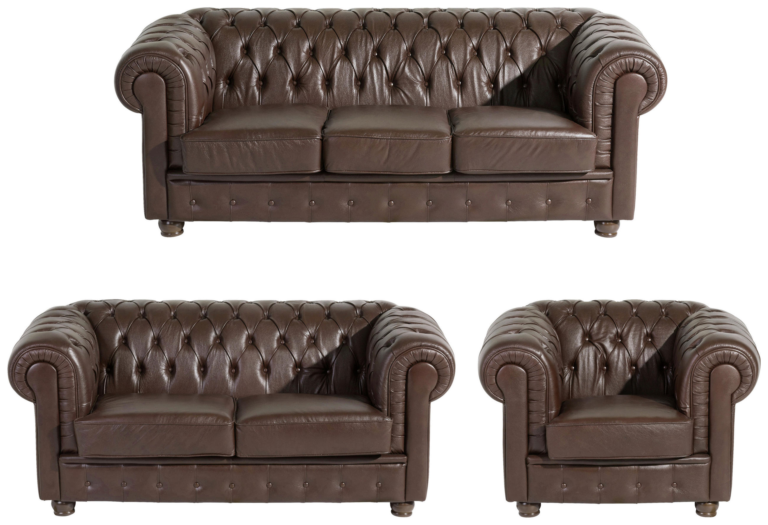 CHESTERFIELD-SITZGARNITUR Braun Echtleder  - Nussbaumfarben/Braun, Design, Leder/Holz (200/76/98cm) - Max Winzer