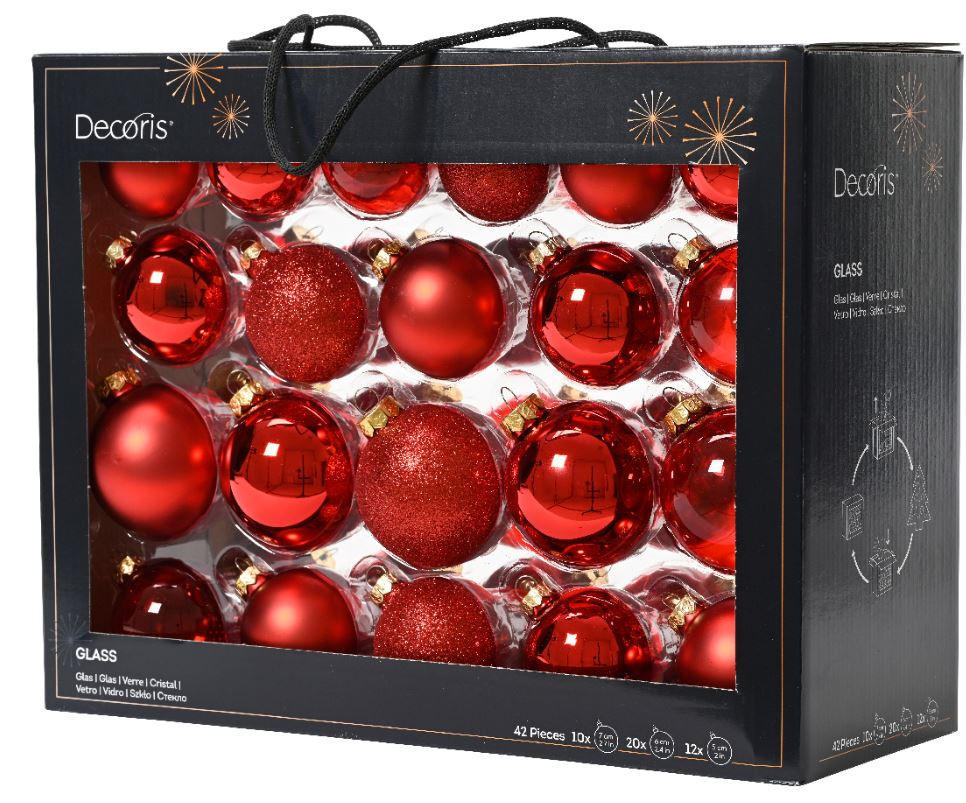 SADA VÁNOČNÍCH KOULÍ  42dílné - tmavě červená/červená, Trend, sklo - X-Mas