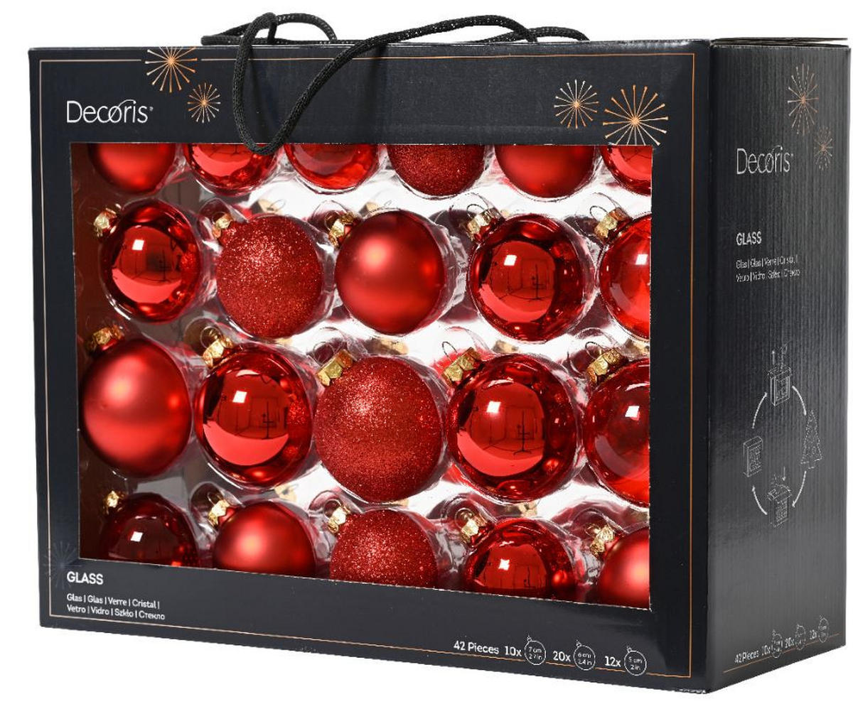 SADA VÁNOČNÍCH KOULÍ  42dílné - tmavě červená/červená, Trend, sklo - X-Mas