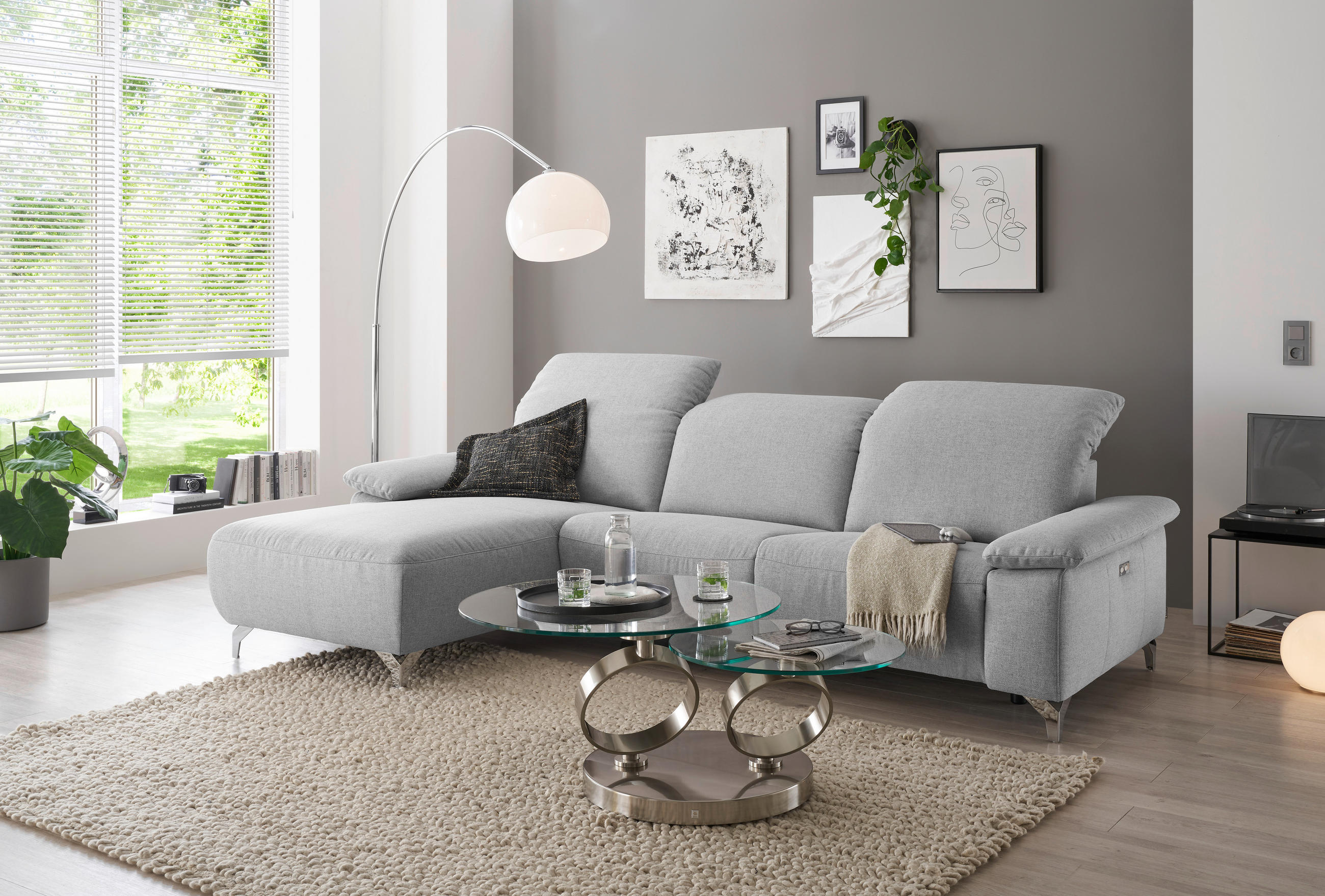 WOHNLANDSCHAFT Hellgrau Flachgewebe  - Chromfarben/Hellgrau, Design, Textil/Metall (180/280cm) - Musterring