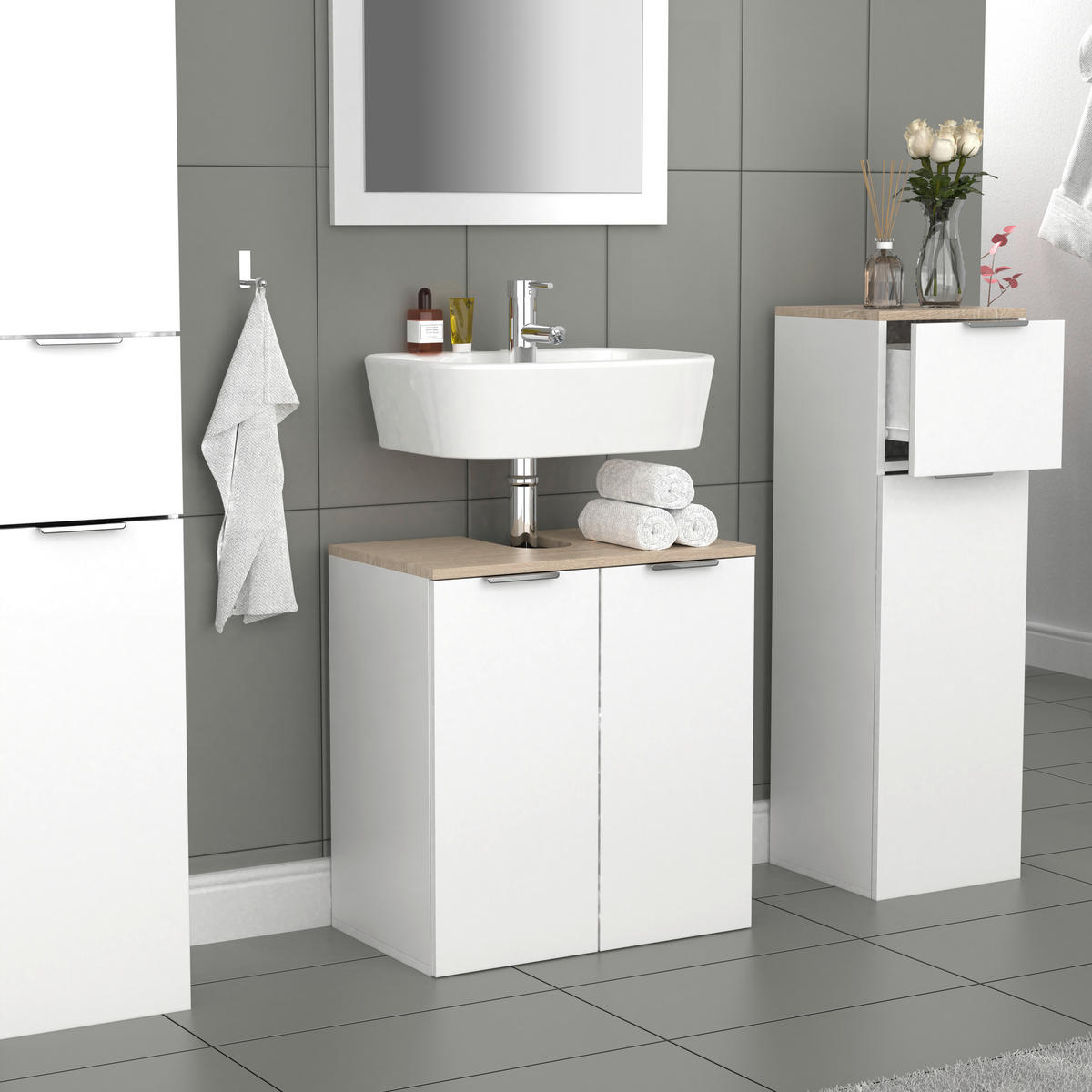 TVÄTTSTÄLLSUNDERSKÅP 56/60/34 cm  - vit/Sonoma ek, Modern, metall/trämaterial (56/60/34cm) - MID.YOU