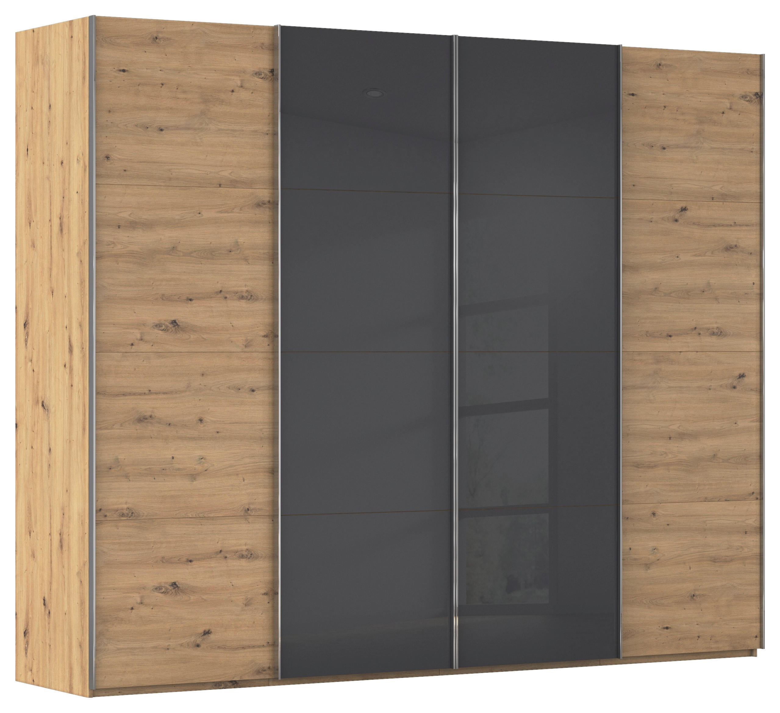 SCHWEBETÜRENSCHRANK 271/235/68 cm 4-türig Grau, Eiche Artisan  - Chromfarben/Eiche Artisan, KONVENTIONELL, Glas/Holzwerkstoff (271/235/68cm) - Novel