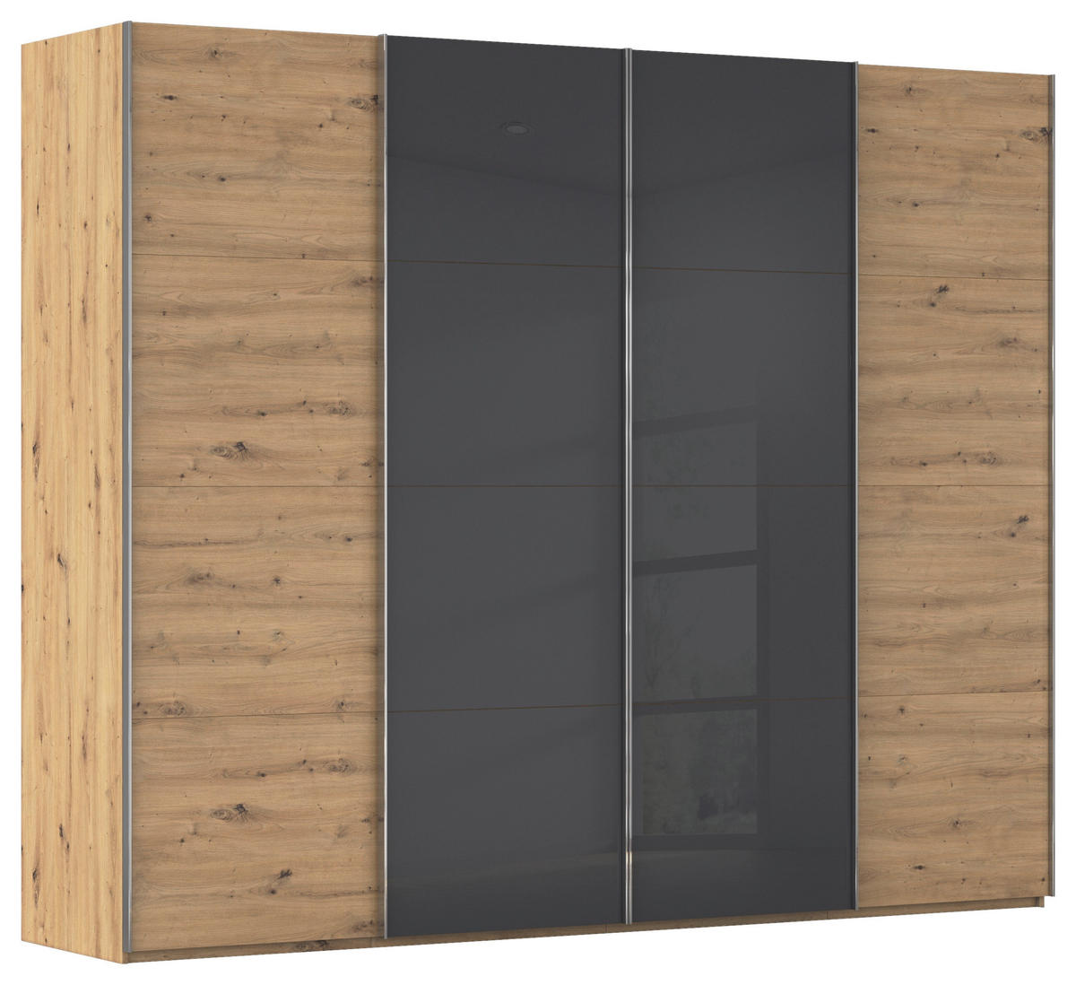 SCHWEBETÜRENSCHRANK 271/235/68 cm 4-türig Grau, Eiche Artisan  - Chromfarben/Eiche Artisan, KONVENTIONELL, Glas/Holzwerkstoff (271/235/68cm) - Novel