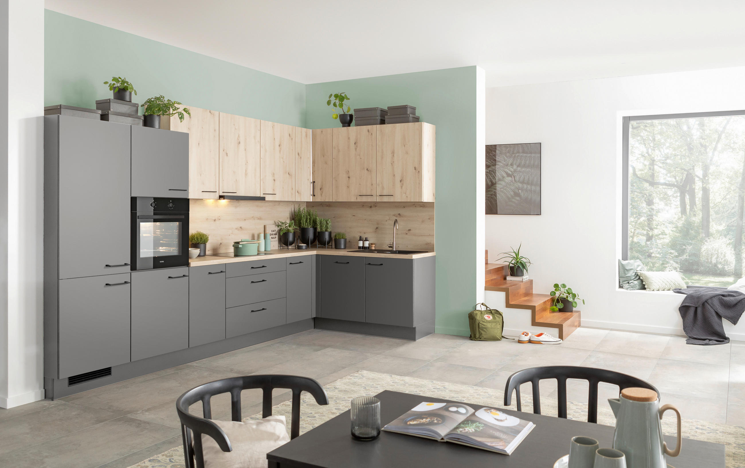 ECKKÜCHE 365/185 cm  in Eichefarben, Schieferfarben  - Schieferfarben/Eichefarben, Basics, Holzwerkstoff/Metall (365/185cm) - Venda