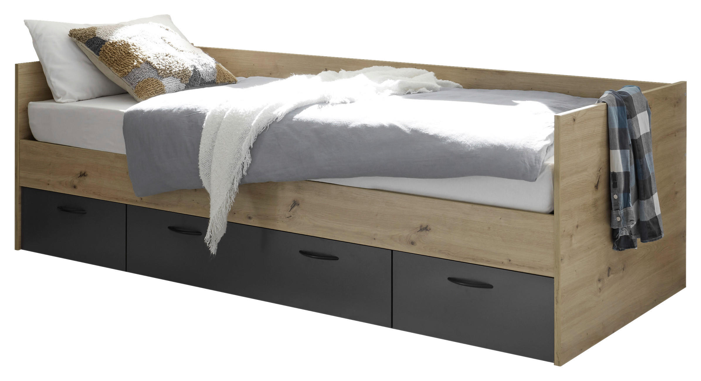 BETT 90/200 cm Graphitfarben, Eiche Artisan  - Graphitfarben/Eiche Artisan, KONVENTIONELL (90/200cm) - Boxxx