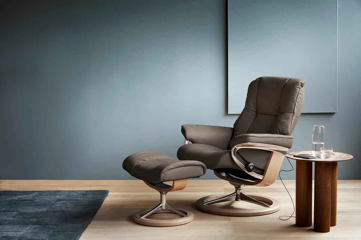RELAXSESSELSET Echtleder Relaxfunktion, Hocker    - Eichefarben/Alufarben, Design, Leder/Holz (83/102/74cm) - Stressless