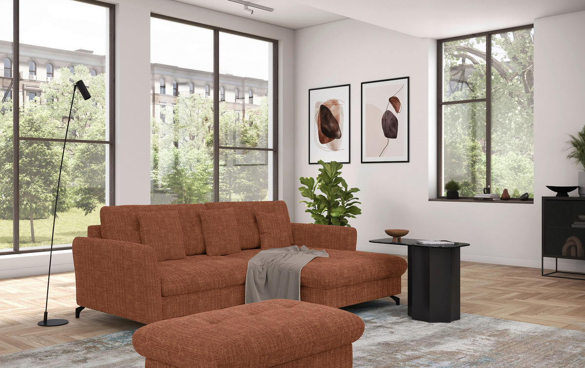 ECKSOFA in Flachgewebe, Leinenoptik Cognac  - Cognac/Schwarz, Design, Textil/Metall (242/170cm) - Xora