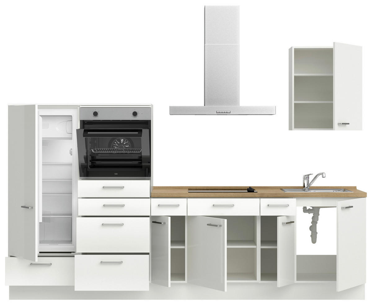 KÜCHENLEERBLOCK 300 cm   in Eichefarben, Weiß Hochglanz  - Edelstahlfarben/Eichefarben, MODERN, Holzwerkstoff/Metall (300cm) - Nobilia