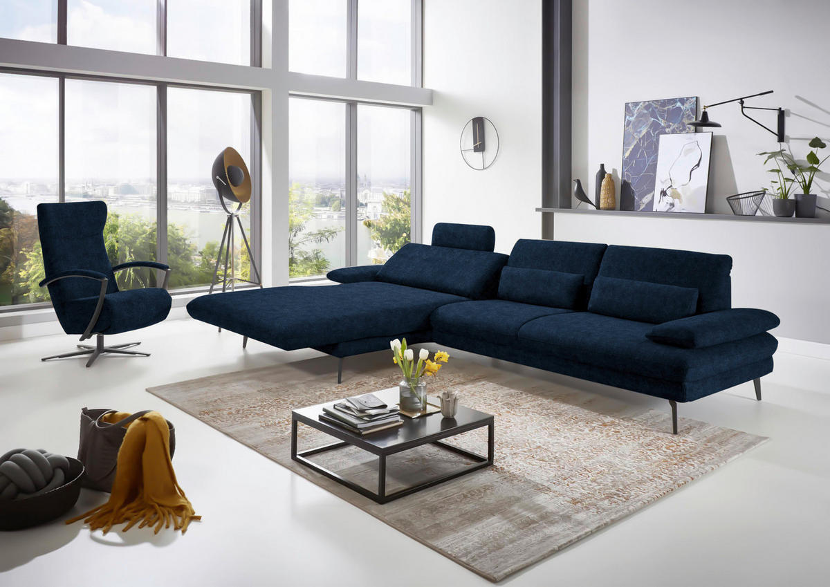 ECKSOFA in Velours Dunkelblau  - Schwarz/Dunkelblau, Design, Textil/Metall (180/310cm) - Dieter Knoll