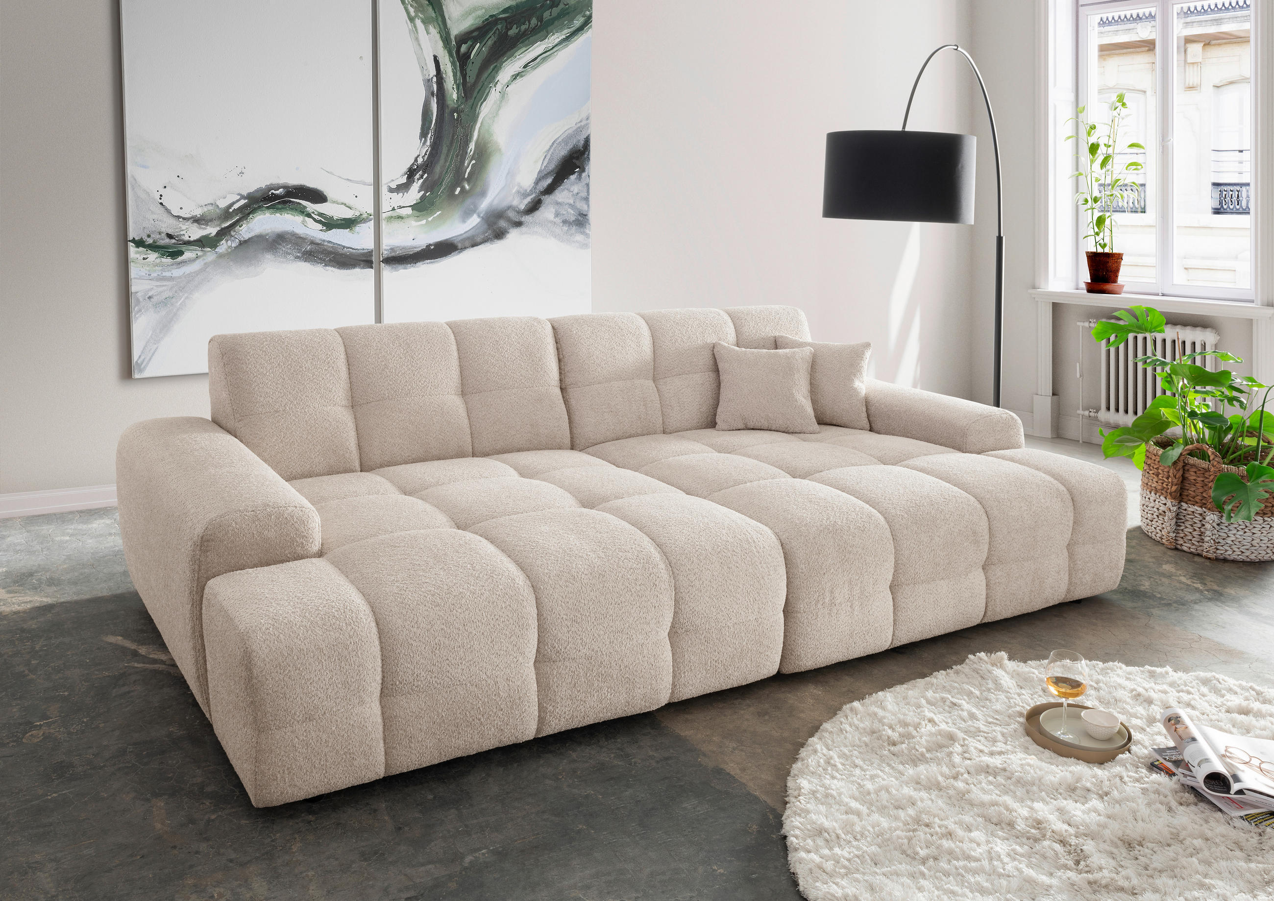 BIGSOFA Bouclé Beige - Beige/Schwarz, MODERN, Kunststoff/Textil (304/87/155cm) - Livetastic