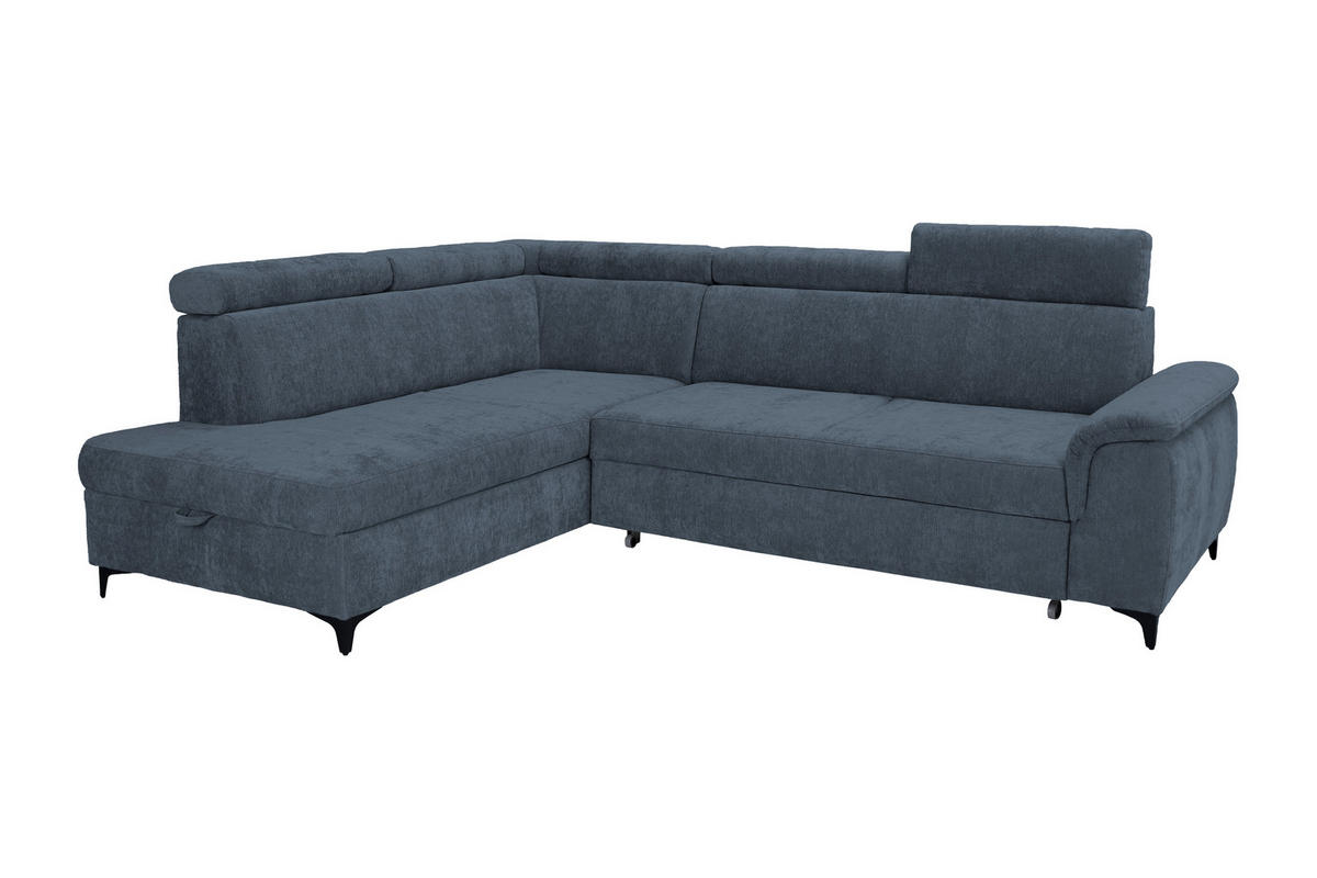 ECKSOFA Dunkelblau Chenille Bettkasten, Schlaffunktion, Rücken echt, Kopfteilverstellung, Liegefläche im Originalstoff  - Schwarz/Dunkelblau, KONVENTIONELL, Textil/Metall (206/265cm) - Carryhome