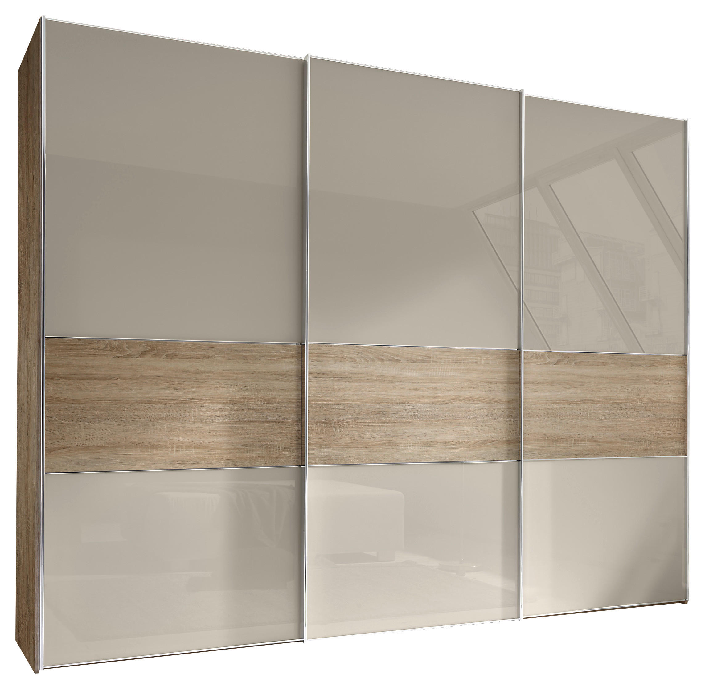 SCHWEBETÜRENSCHRANK in Eichefarben, Sandfarben  - Sandfarben/Chromfarben, Basics, Glas/Holzwerkstoff (249/222/68cm) - Moderano