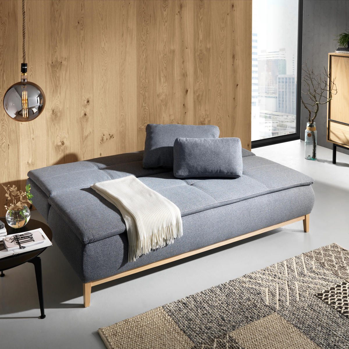 BOXSPRINGSOFA in Webstoff Grau  - Eichefarben/Beige, Design, Holz/Textil (202/78/93/100cm) - Venda