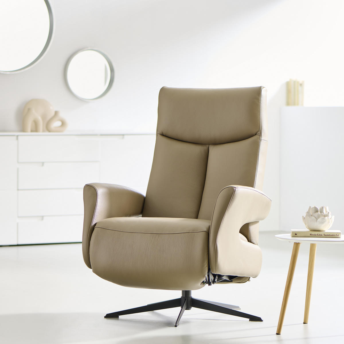 RELAXSESSEL Echtleder Relaxfunktion    - Beige/Schwarz, Design, Leder/Metall (74/105/82cm) - Welnova