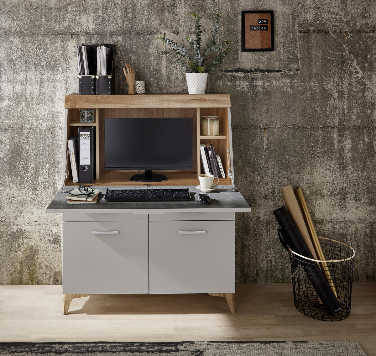SEKRETÄR  Kabeldurchlass, Stauraum  - Eichefarben/Alufarben, LIFESTYLE, Holzwerkstoff/Kunststoff (98/124/39,6cm) - Carryhome