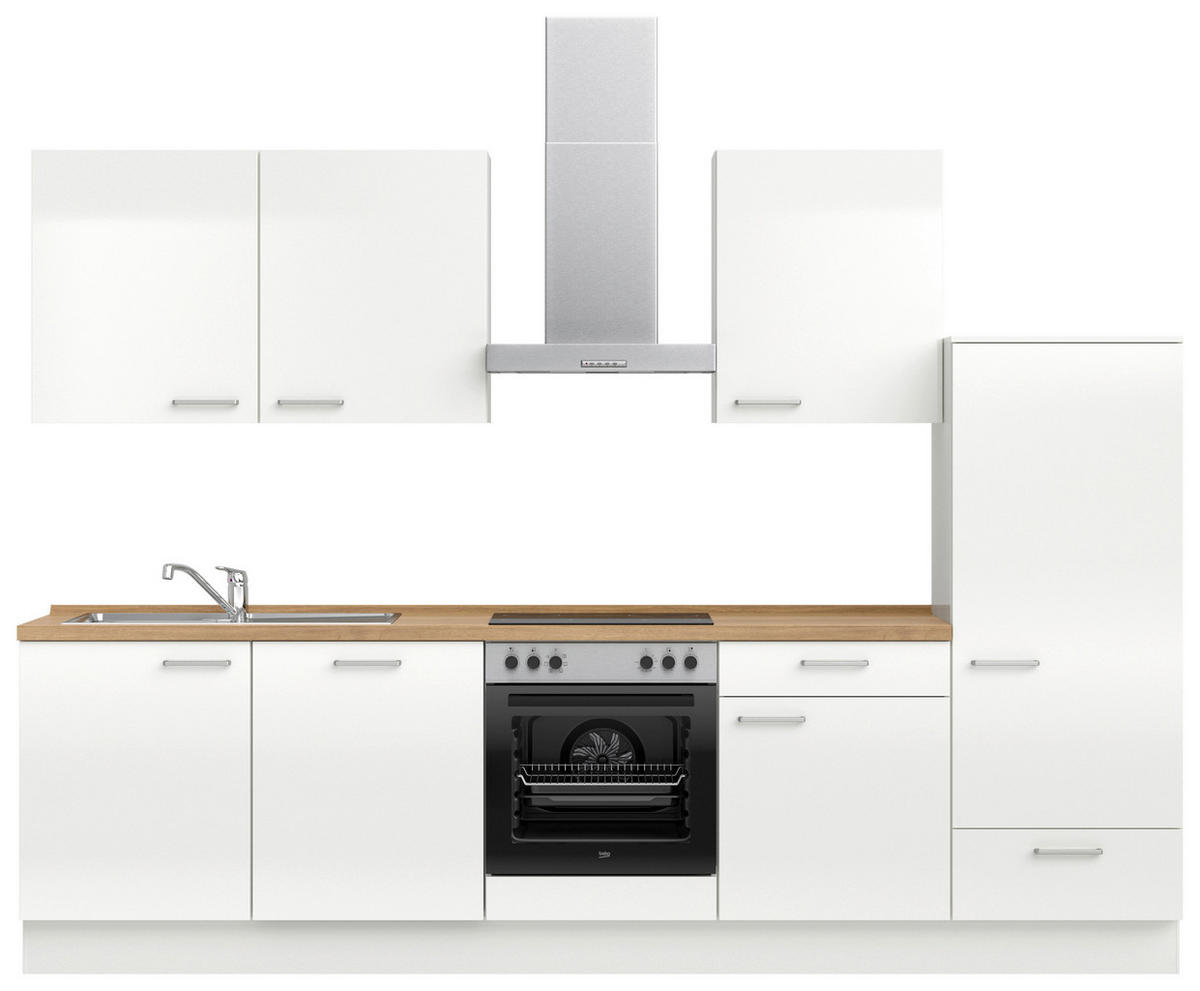 KÜCHENLEERBLOCK 300 cm   in Eichefarben, Weiß Hochglanz  - Edelstahlfarben/Eichefarben, MODERN, Holzwerkstoff/Metall (300cm) - Nobilia