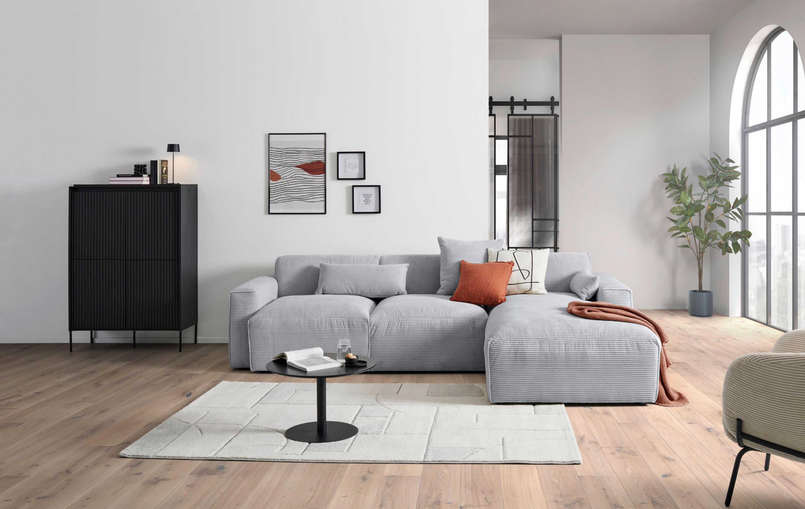 ECKSOFA Grau Cord  - Schwarz/Grau, Design, Kunststoff/Textil (303/196cm) - Livetastic