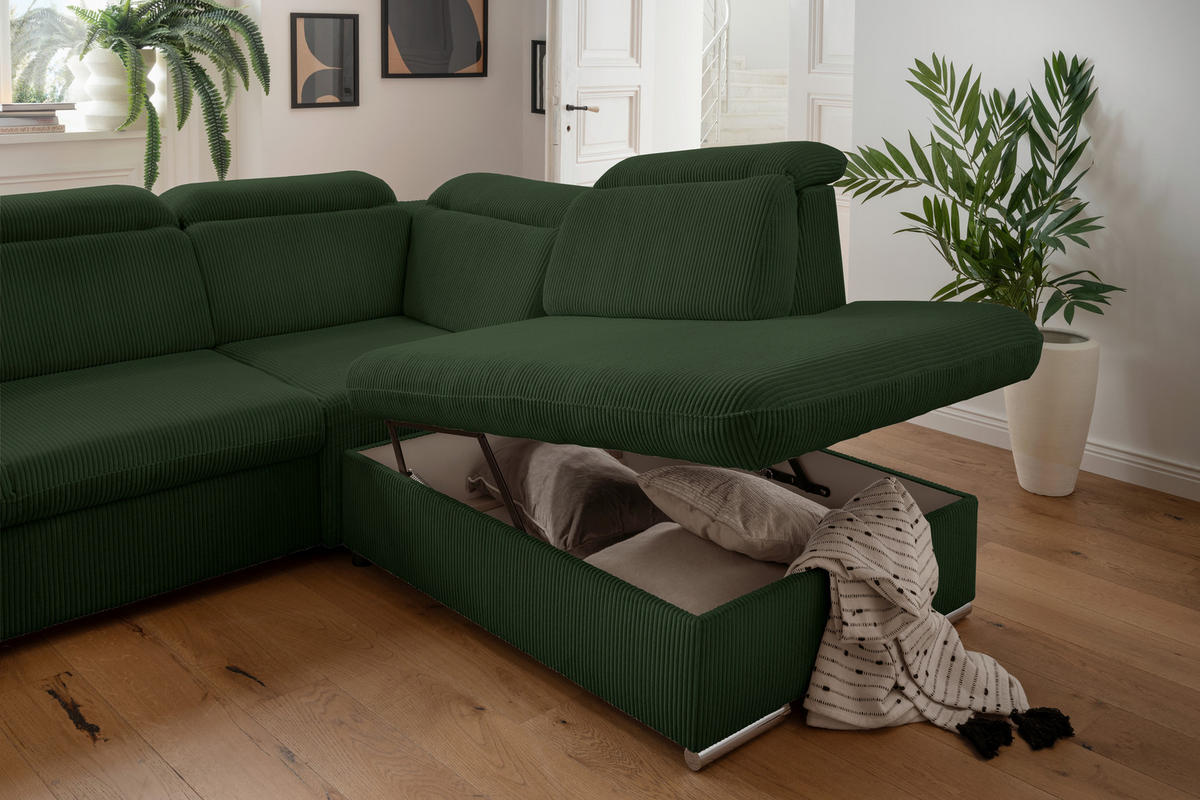 ECKSOFA in Cord Dunkelgrün  - Chromfarben/Dunkelgrün, Design, Textil/Metall (283/228cm) - Livetastic