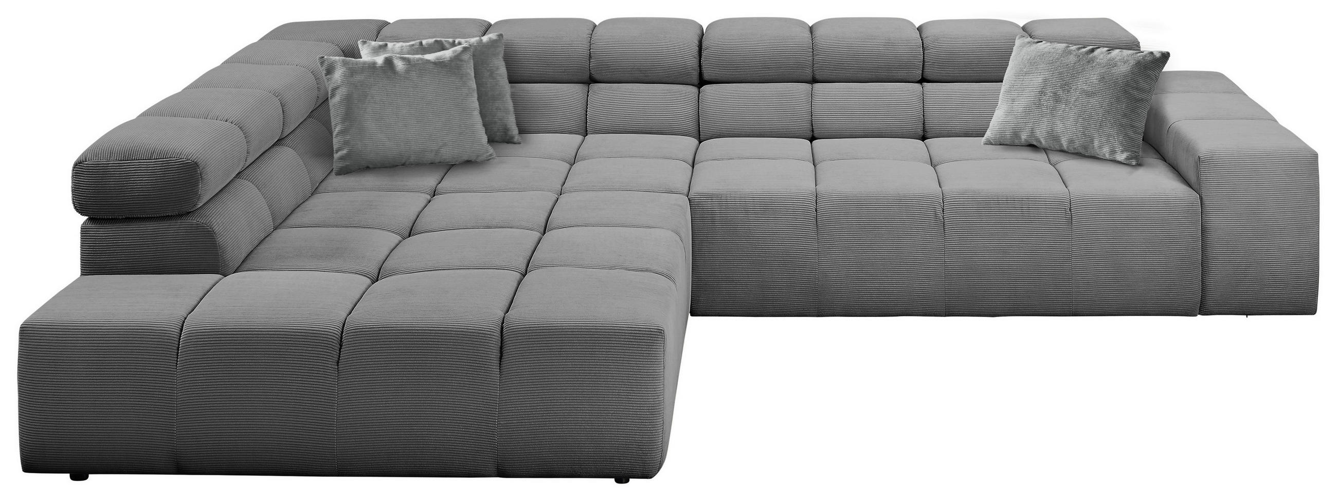 ECKSOFA Grau Feincord Zierkissen, Rücken echt, Kopfteilverstellung  - Schwarz/Grau, Design, Kunststoff/Textil (215/319cm) - Hom`in