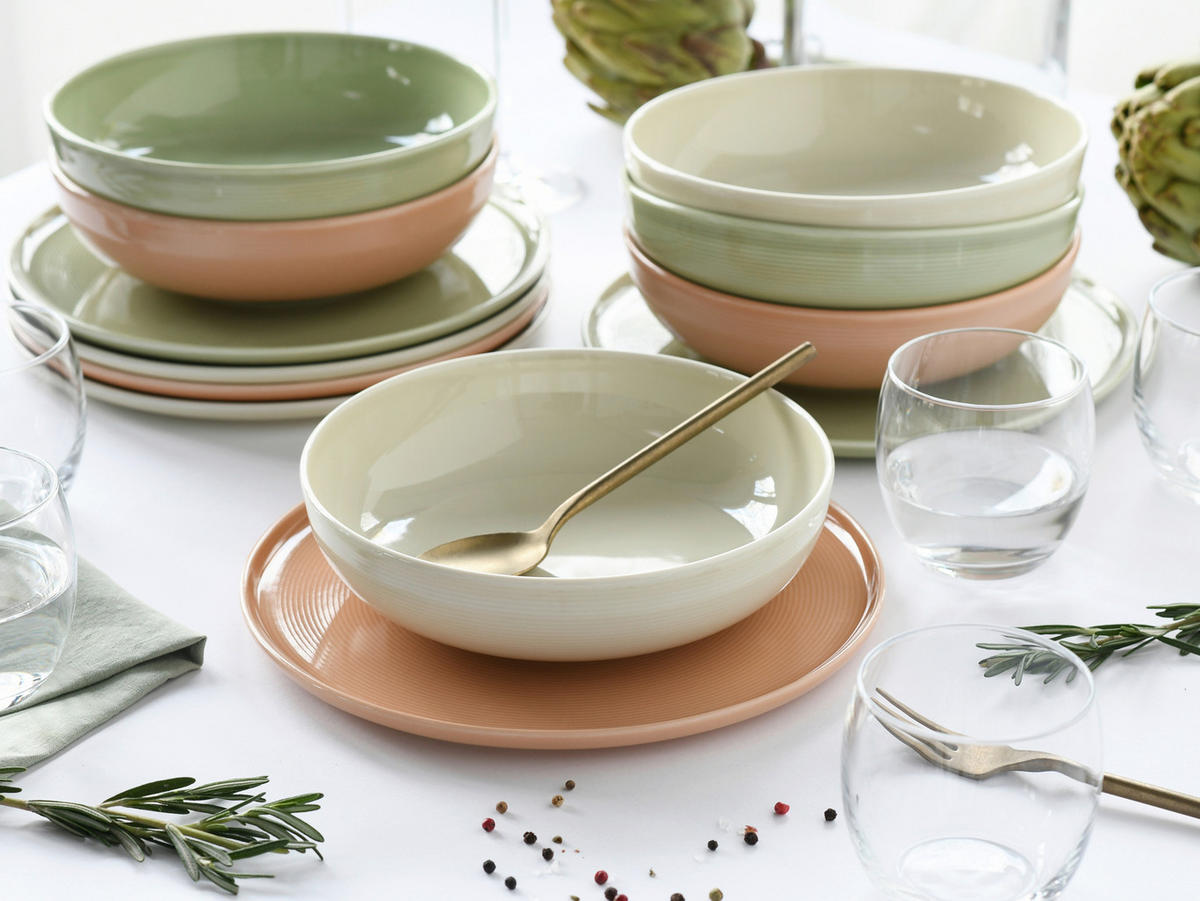 TAFELSERVICE Session Romance 12-teilig  - Salbeigrün/Creme, Basics, Keramik - Creatable