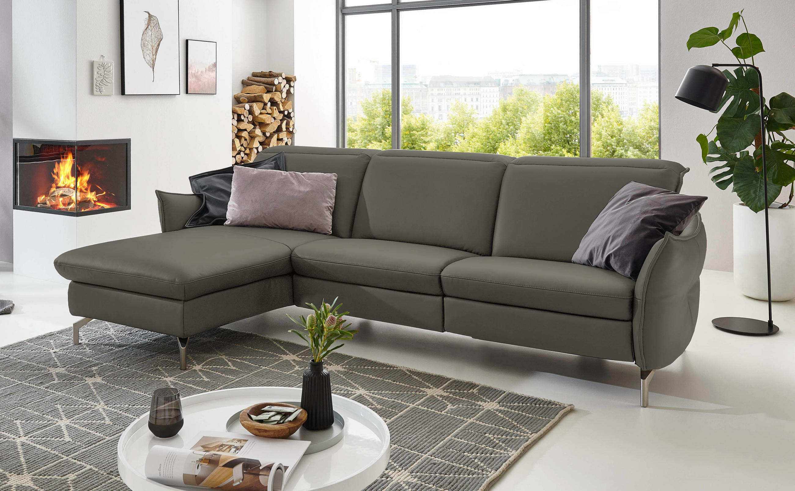 ECKSOFA Grau Lederlook (vegan)  - Grau/Nickelfarben, MODERN, Textil/Metall (179/263cm) - Livetastic