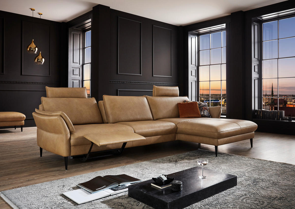 ECKSOFA in Echtleder Dunkelgelb  - Dunkelgelb/Schwarz, Design, Leder/Metall (334/172cm) - Hukla