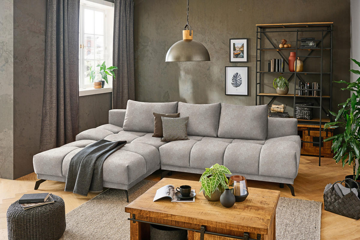 ECKSOFA in Chenille Sandfarben  - Sandfarben/Schwarz, Modern, Textil/Metall (182/290cm) - Hom`in