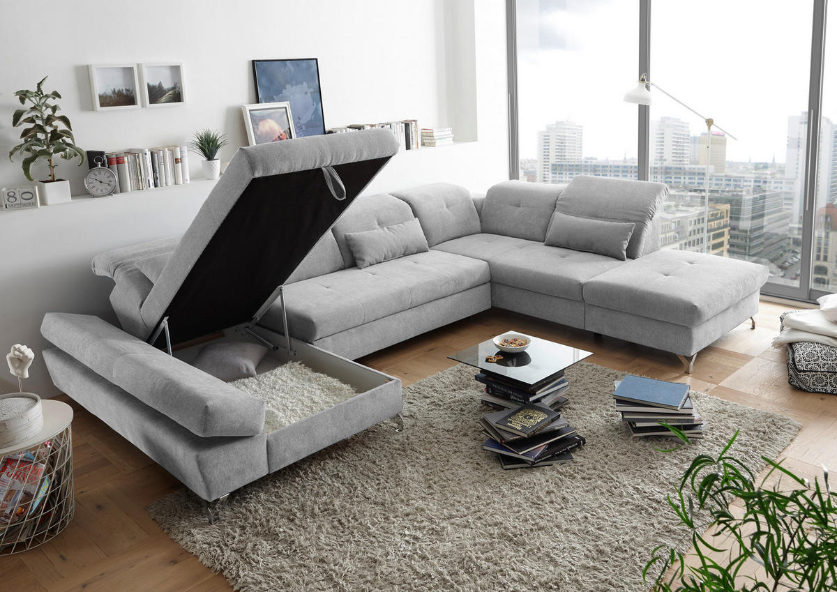 WOHNLANDSCHAFT in Mikrovelours Hellgrau  - Silberfarben/Hellgrau, Modern, Textil/Metall (168/350/245cm) - MID.YOU
